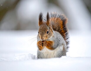 Red Squirrel Eating Nut in Snow.