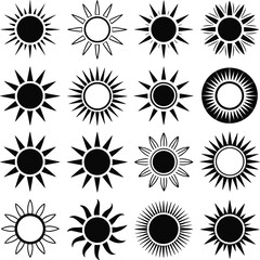 Diverse sun icon collection with various ray and style design elements.