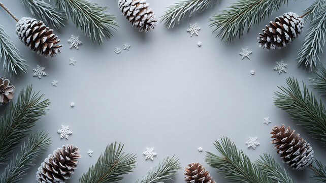 Elegant winter holiday border made from frosted pine branches, pinecones, and white snowflakes on a pale background with central copy space - Powered by Adobe