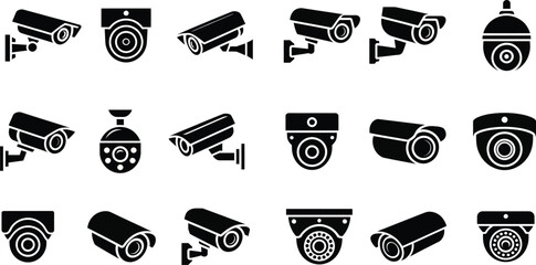 Security camera icon set for surveillance and protection system