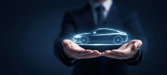 The Car Hologram Held Above Hands Representing Futuristic Automotive Technology and Innovation