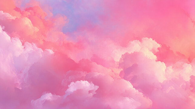 A breathtaking expanse of pastel pink clouds fills the sky, creating a serene and dreamy atmosphere. The soft hues of pink, orange, and purple blend seamlessly