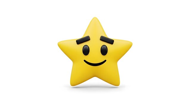 Smiling yellow star emoji with expressive eyebrows on white background - Powered by Adobe