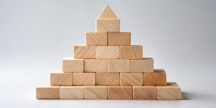 Wooden blocks arranged in a pyramid shape, symbolizing growth, development, and achievement