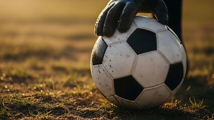 Close-up of a goalkeeper’s gloved hand on a black-and-white soccer ball resting on a grass field at sunset, capturing anticipation and focus as the match begins