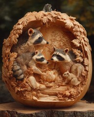 Obraz premium Wood-Carved Pumpkin Sculpture with Raccoon Family and Autumn Leaves | Fine Art Fall Decoration