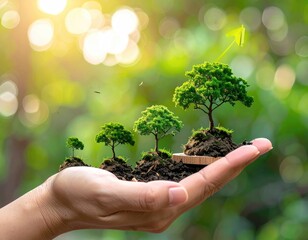 Growth concept trees on soil in hand, arrow upward