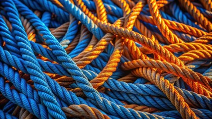 Intricate Tapestry of Sun-Drenched Blue and Amber Ropes, a Textured Study in Contrasting Hues and Intertwined Strands