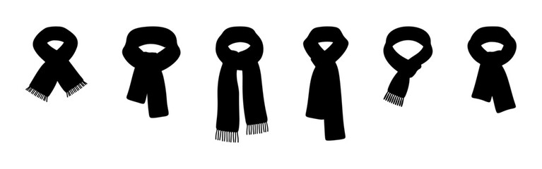 A collection of black silhouette scarf icons, showcasing various ways to wear and tie scarves