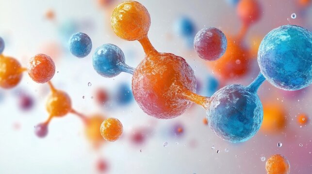 3D-rendered illustration of interconnected spheres, representing molecular structures in vibrant colors with blurry backdrop