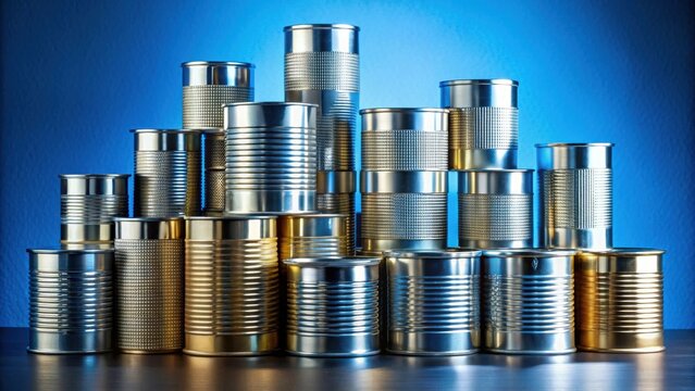 A metallic arrangement of stacked food containers against a vibrant blue backdrop