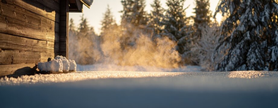 The wooden cabin beside a sunlit snowy clearing with steam rising in the morning
