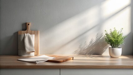 Obraz premium Sunlit Kitchen Countertop Still Life with Wooden Cutting Boards and Linen Towels