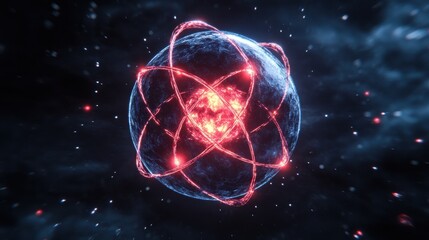 Glowing atom model with red electron orbits, surrounded by a dark, nebulous cosmic background