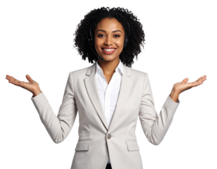 Professional customer support agent with headset giving friendly two-handed welcome gesture, isolated on a transparent background, PNG
