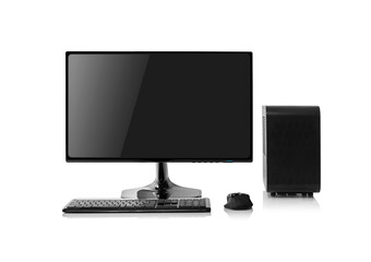A modern black desktop computer set including a monitor, keyboard, mouse, and case is isolated on a white background.