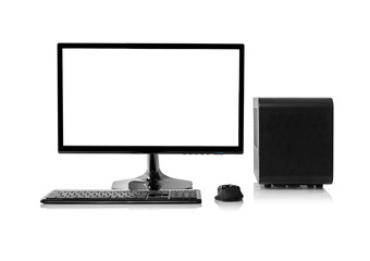 A modern desktop computer setup with a black monitor, keyboard, mouse, and small form factor computer case, isolated on a white background with a reflection.
