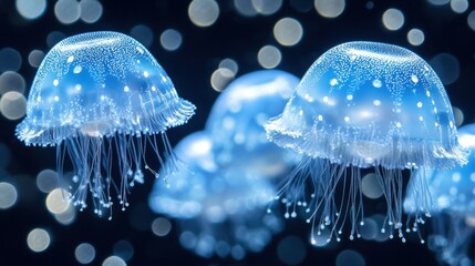 Jellyfish cluster glows, dotted, blue with trailing tentacles against a bokeh lit black