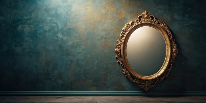 An ornate oval mirror with gilded frame hangs on a dark teal textured wall, reflecting a soft, ambient light.