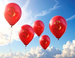 Red balloons with gold dollar signs fly in a bright sky