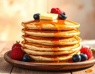 Stacked pancakes, syrup, berries, butter on wooden plate