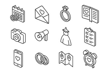 Isometric wedding icons set featuring rings, calendar, and camera.