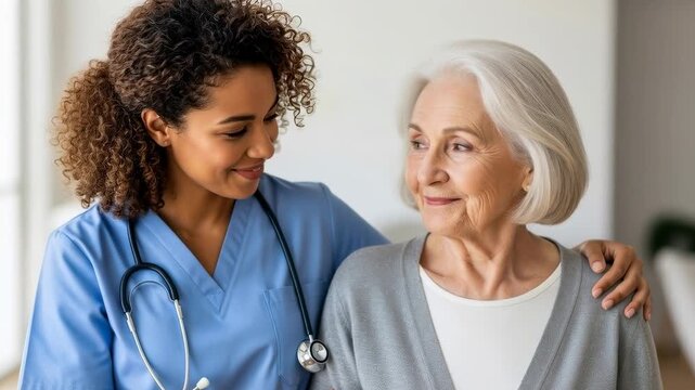 Caring moments between a nurse and an elderly woman in a warm and friendly setting
