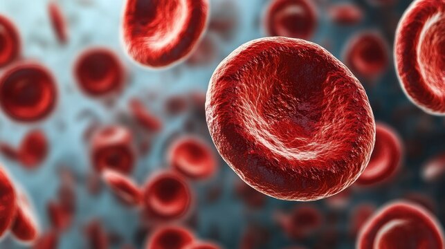 Red blood cells with distinctive biconcave shape in blue liquid