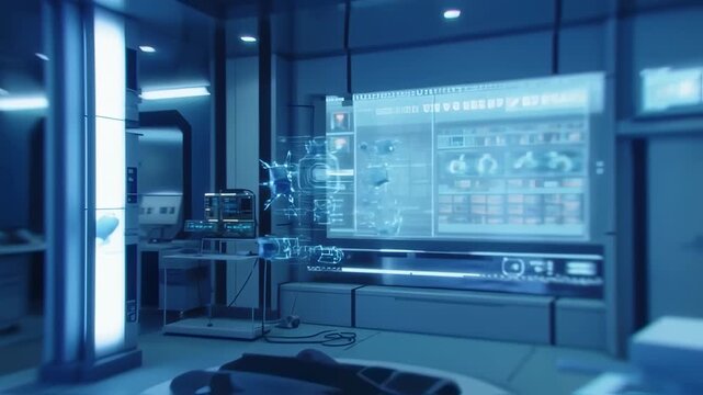 A futuristic, minimalist laboratory with glowing blue hues and digital displays, suggesting advanced tech