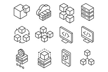 Cloud computing and blockchain technology icons in modern outline design.