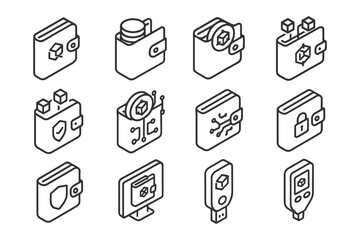 Isometric icons of digital wallets and cryptocurrency storage devices.