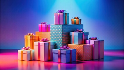 A vibrant stack of festively wrapped presents, illuminated by colorful lighting, creates a celebratory mood of gifting and joy