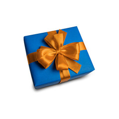 A square gift box wrapped in bright blue paper is tied with a shiny, vivid orange ribbon and bow, set against a clean white background.