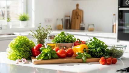 Healthy food ingredients arranged on a wooden board, with fresh herbs in a white kitchen setting. Still life composition of various produce.