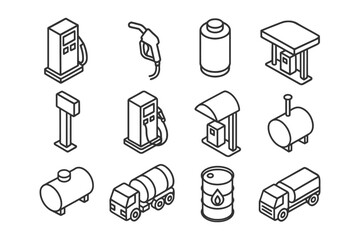 Isometric icons set: fuel pumps, tankers, barrels, and gas stations.