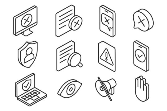Set of 12 isometric icons: devices, alerts, user interface, communication, security, approval.