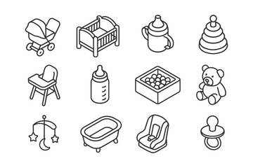 Collection of baby essentials: stroller, crib, bottle, and more in line art style.