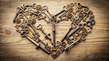 Antique Keys Arranged in Heart Shape on Rustic Wooden Surface A Symbol of Love and Nostalgia