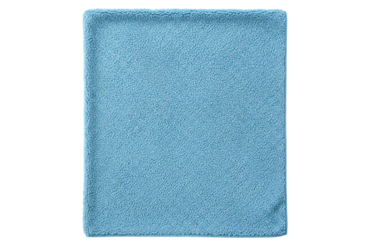 Rectangular blue chenille bath mat with soft plush texture isolated on a transparent background
