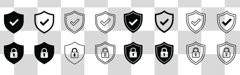 Security shields with checkmarks and padlocks represent protection and validation in black and white