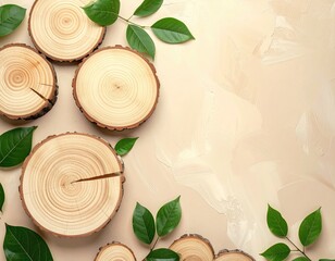 Wood slices & green leaves on textured, beige background