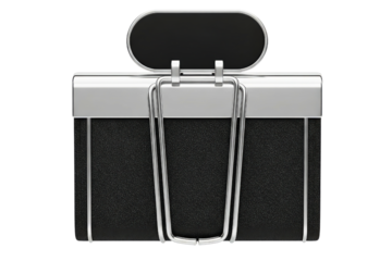 Black textured binder clip with silver metal clamping mechanism isolated on a transparent background