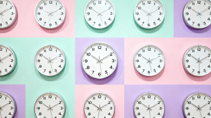Generative AI Pastel Time Management: Repetitive Clock Pattern on Pink, Blue, Mint, and Purple