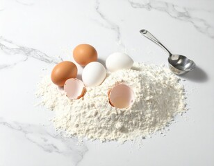 Eggs and flour on marble surface, spoon nearby