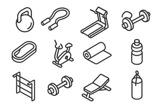 Collection of fitness equipment icons: treadmill, dumbbell, kettlebell, jump rope, exercise bike. - Powered by Adobe