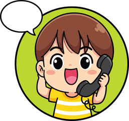 Cartoon child holding telephone with cheerful expression and blank speech bubble, communication and conversation illustration for kids and education