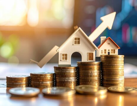 Miniature houses sit on coin stacks, arrow points up