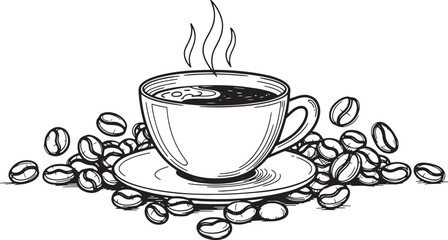 Black and white sketch of steaming coffee with coffee beans scattered
