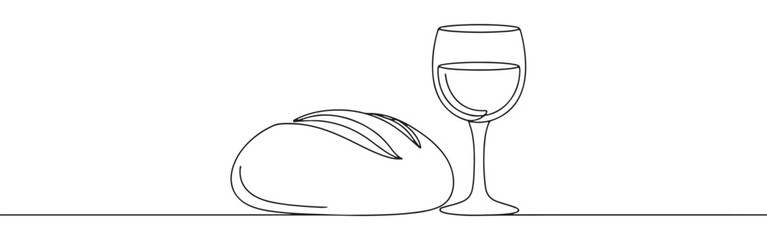 Continuous one line drawing of a loaf of bread and a glass of wine. Concept of communion or celebration