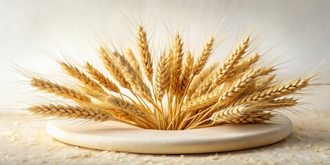 Golden Wheat Stalks in a Simple White Bowl on a Textured Surface